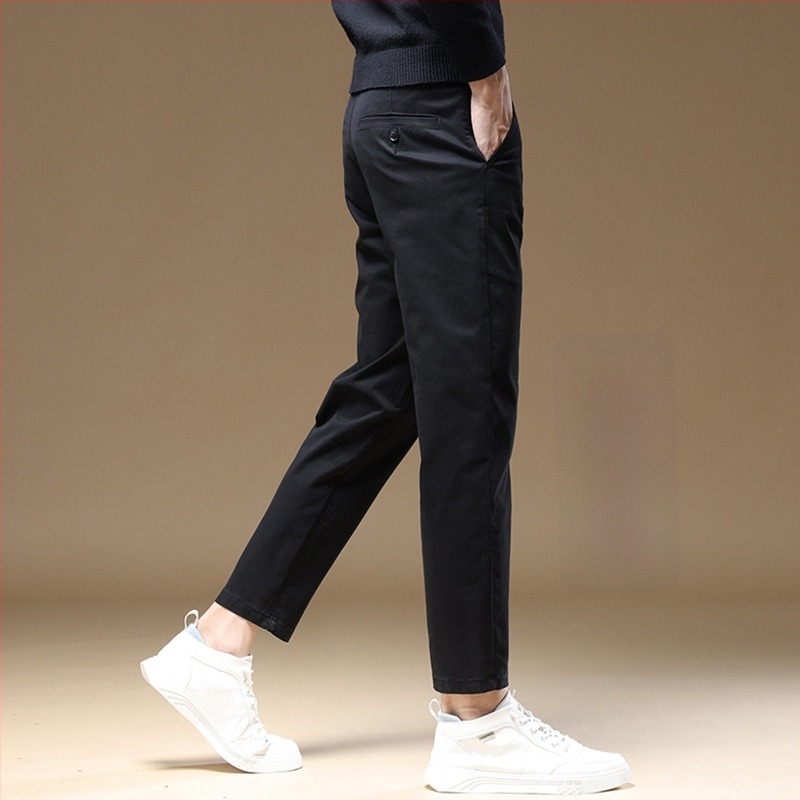 Férfi pamut casual nadrág, karcsúsított szabás, egyenes szár, cropped hossz, khaki, kis termetű férfiak számára