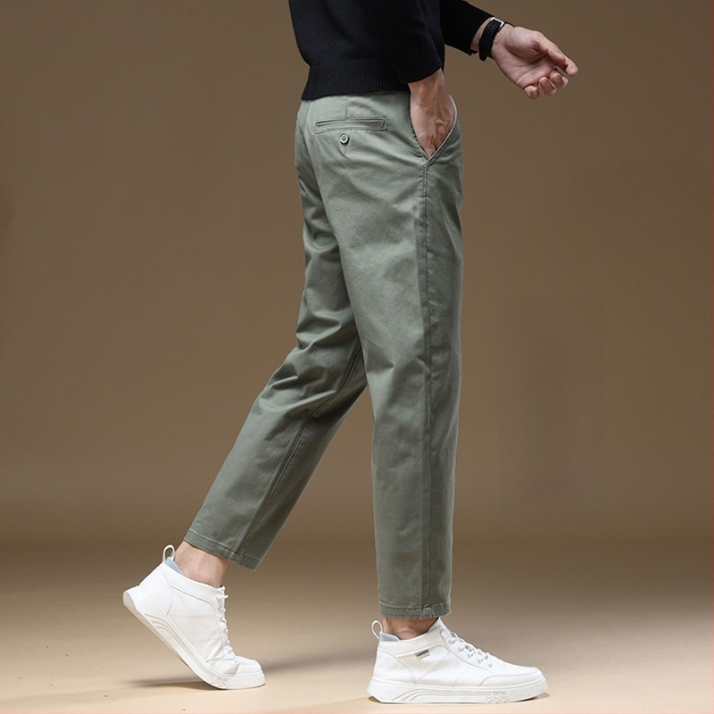 Férfi pamut casual nadrág, karcsúsított szabás, egyenes szár, cropped hossz, khaki, kis termetű férfiak számára
