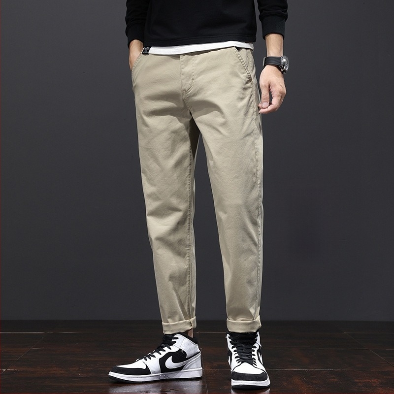 Férfi pamut casual nadrág, karcsúsított szabás, egyenes szár, cropped hossz, khaki, kis termetű férfiak számára