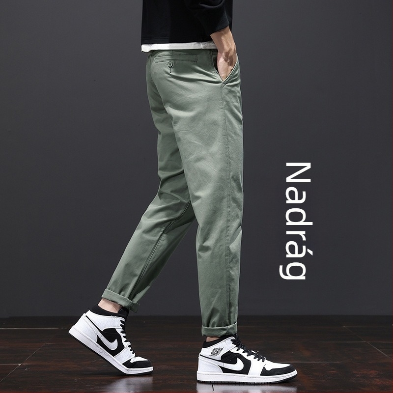Férfi pamut casual nadrág, karcsúsított szabás, egyenes szár, cropped hossz, khaki, kis termetű férfiak számára