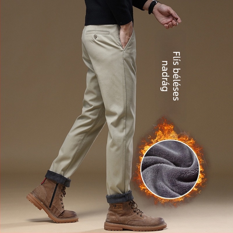 Férfi pamut casual nadrág, karcsúsított szabás, egyenes szár, cropped hossz, khaki, kis termetű férfiak számára
