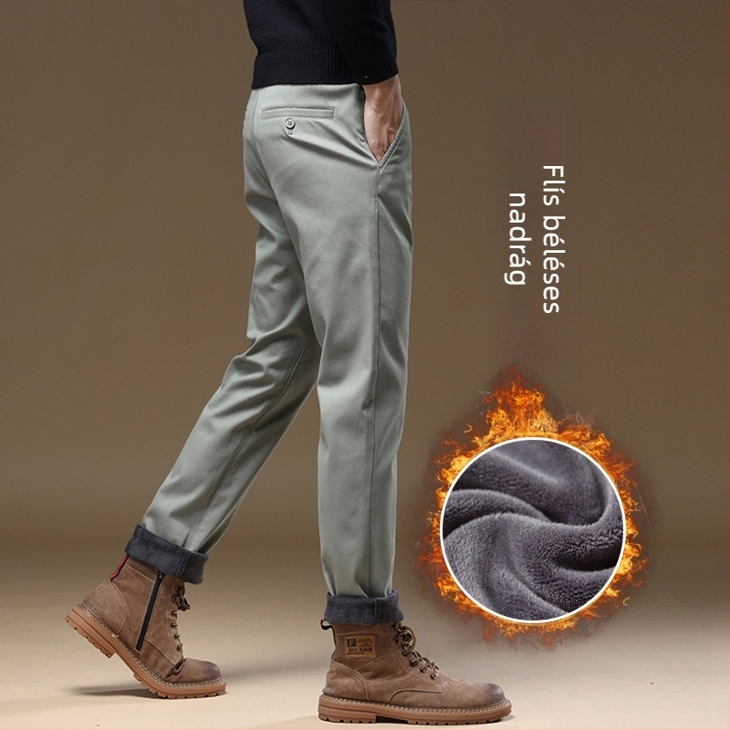 Férfi pamut casual nadrág, karcsúsított szabás, egyenes szár, cropped hossz, khaki, kis termetű férfiak számára