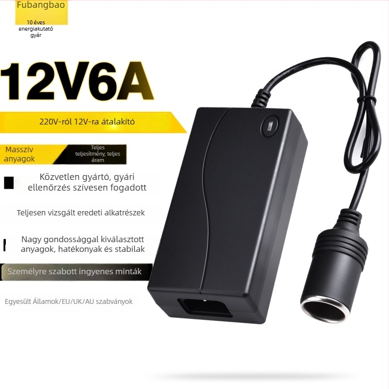 Feszültségátalakító 220V→12V autóalkalmazásokhoz; cigarettagyújtó adapter háztartási konnektorhoz, 6A kimenet (72W), Modell 1260