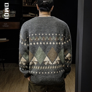 Téli jacquard kötött pulóver fleece-sel bélelt, laza szabás, plusz méret, kerek nyakú