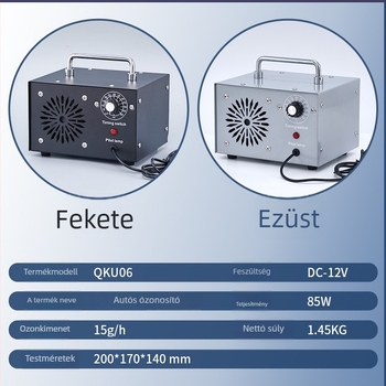 Autóba szerelt ozon-generátor fertőtlenítéshez és légáramlás tisztításához, 85W, 12V DC, 15 g/h, QKU06 modell