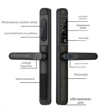 Okos ajtózár ujjlenyomat-olvasóval – 100 ujjlenyomat tárolás, több mint 100000 nyitás, szkennelés <0,001 s, FAR 0,0001%, DC tápegység