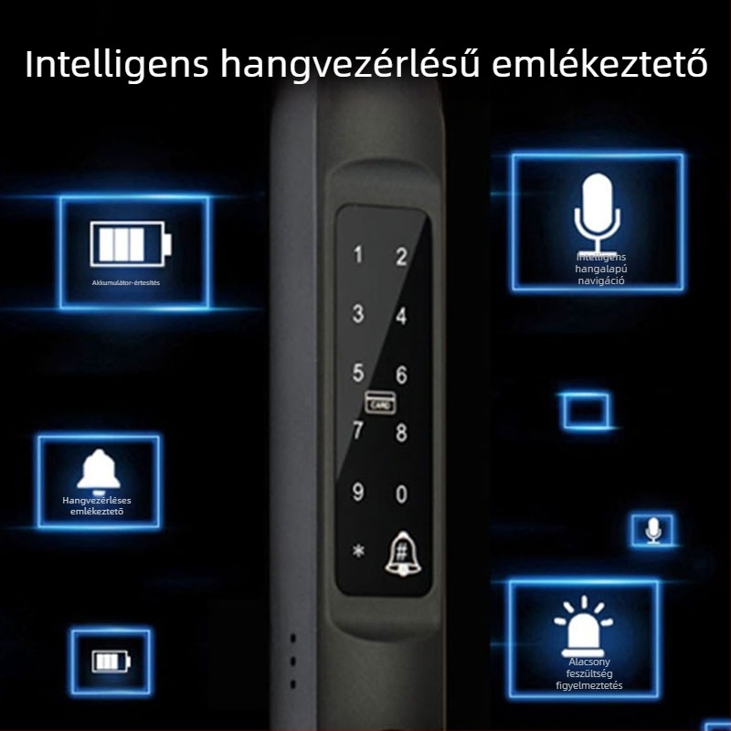 Okos ajtózár ujjlenyomat-olvasóval – 100 ujjlenyomat tárolás, több mint 100000 nyitás, szkennelés <0,001 s, FAR 0,0001%, DC tápegység