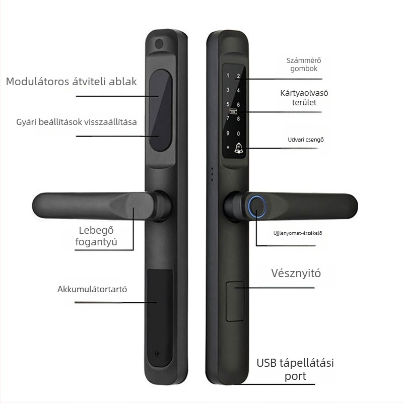 Okos ajtózár ujjlenyomat-olvasóval – 100 ujjlenyomat tárolás, több mint 100000 nyitás, szkennelés <0,001 s, FAR 0,0001%, DC tápegység