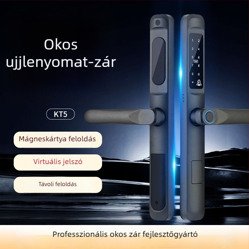 Okos ajtózár ujjlenyomat-olvasóval – 100 ujjlenyomat tárolás, több mint 100000 nyitás, szkennelés <0,001 s, FAR 0,0001%, DC tápegység