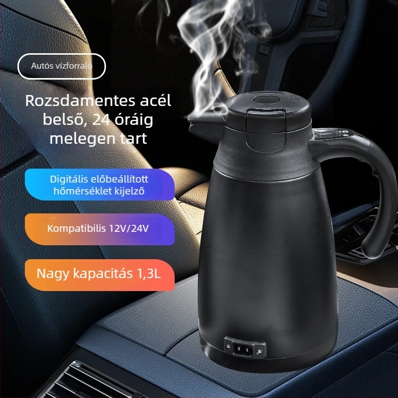 Autóba való vízforraló 12V/24V, 1200 ml, kettős falú rozsdamentes acél, gyors melegítés, modell CS-155