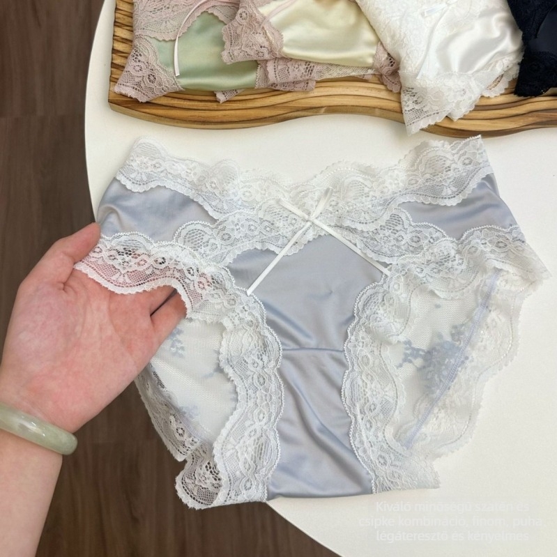 Női csipkés alsónemű, középső derék; fő anyag: nylon csipke; funkciók: lélegző, gyorsan száradó, antibakteriális; kötött anyag; pamut belső bélés