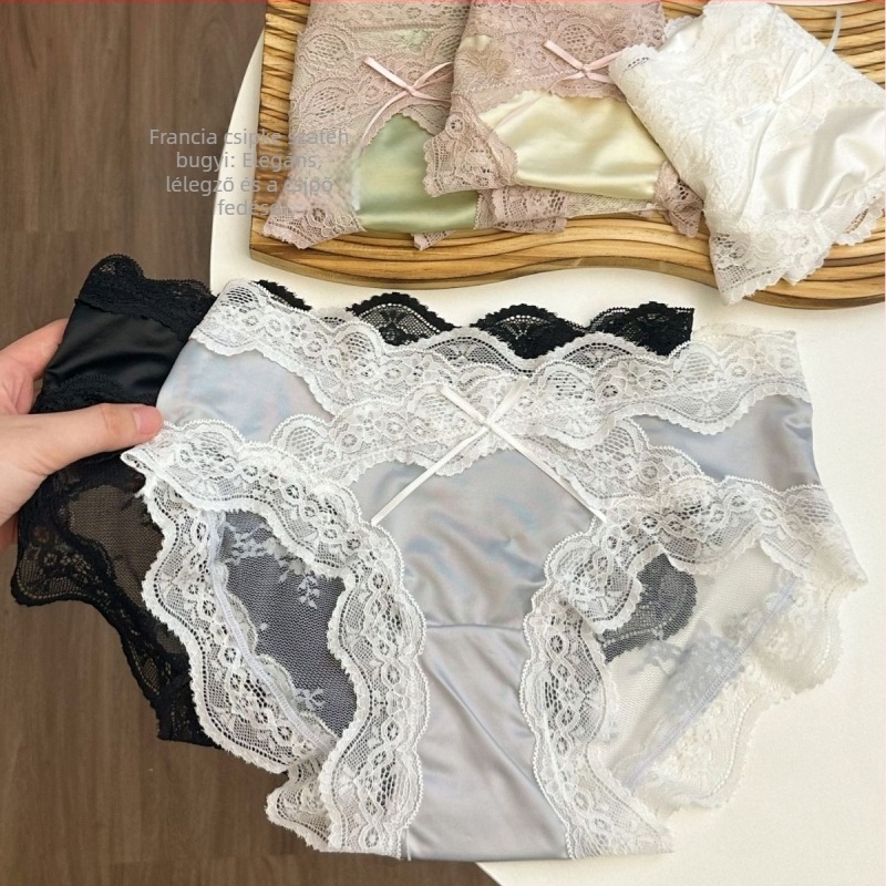 Női csipkés alsónemű, középső derék; fő anyag: nylon csipke; funkciók: lélegző, gyorsan száradó, antibakteriális; kötött anyag; pamut belső bélés