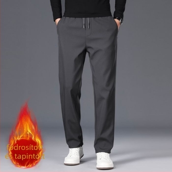 Férfiaknak szóló mindennapi nadrág fleece béléssel, téli, egyenes szabású, középmagasságú derék