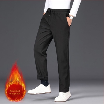 Férfiaknak szóló mindennapi nadrág fleece béléssel, téli, egyenes szabású, középmagasságú derék