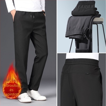 Férfiaknak szóló mindennapi nadrág fleece béléssel, téli, egyenes szabású, középmagasságú derék