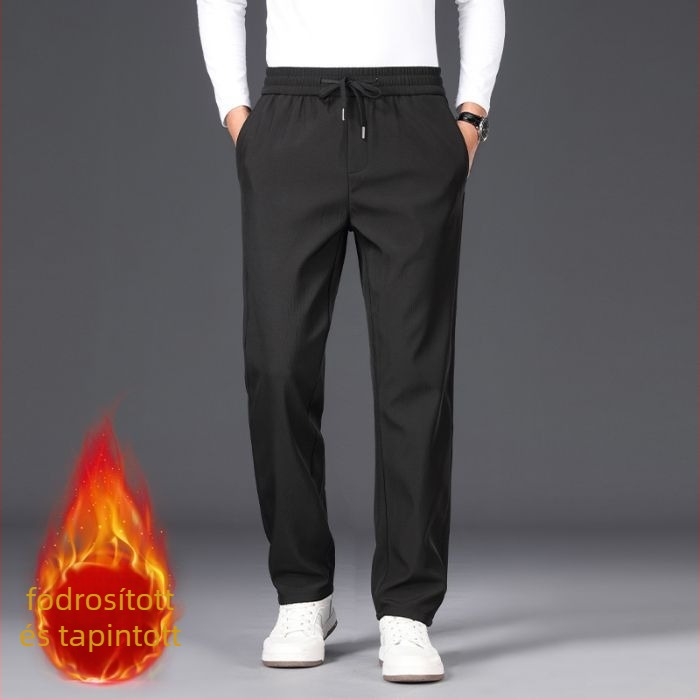 Férfiaknak szóló mindennapi nadrág fleece béléssel, téli, egyenes szabású, középmagasságú derék