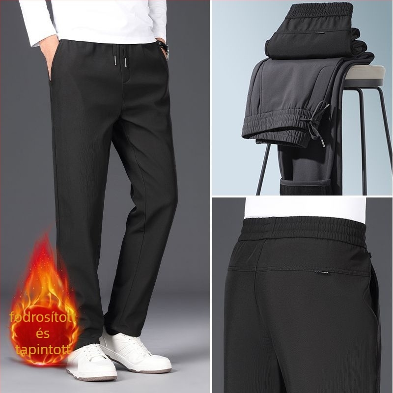 Férfiaknak szóló mindennapi nadrág fleece béléssel, téli, egyenes szabású, középmagasságú derék