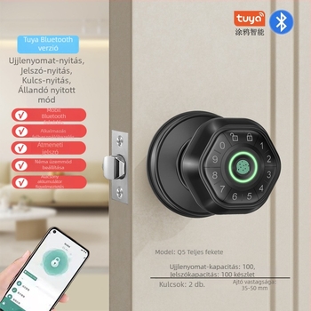 Gömb alakú ujjlenyomat-zár fa ajtókhoz, távvezérlés mobilalkalmazással, hozzáférés jelszóval és kulccsal, modell Q8 (ujjlenyomat-tároló kapacitás: 100; >3000 nyitási művelet; szkennelési idő <0.5 s; tápellátás DC)