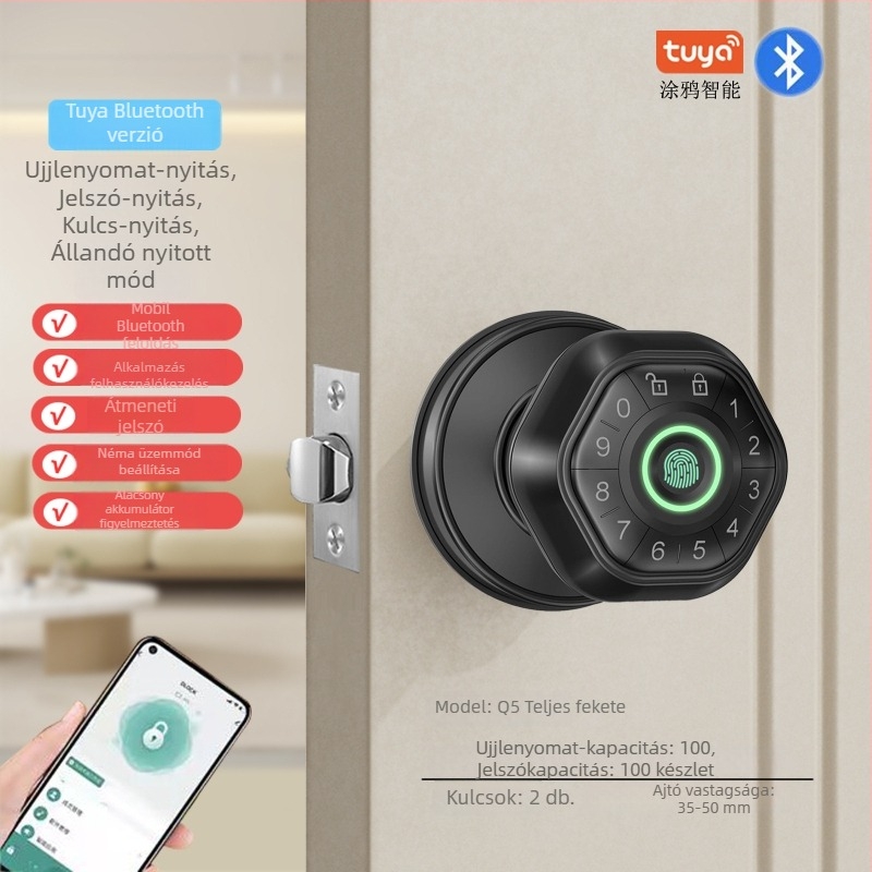 Gömb alakú ujjlenyomat-zár fa ajtókhoz, távvezérlés mobilalkalmazással, hozzáférés jelszóval és kulccsal, modell Q8 (ujjlenyomat-tároló kapacitás: 100; >3000 nyitási művelet; szkennelési idő <0.5 s; tápellátás DC)