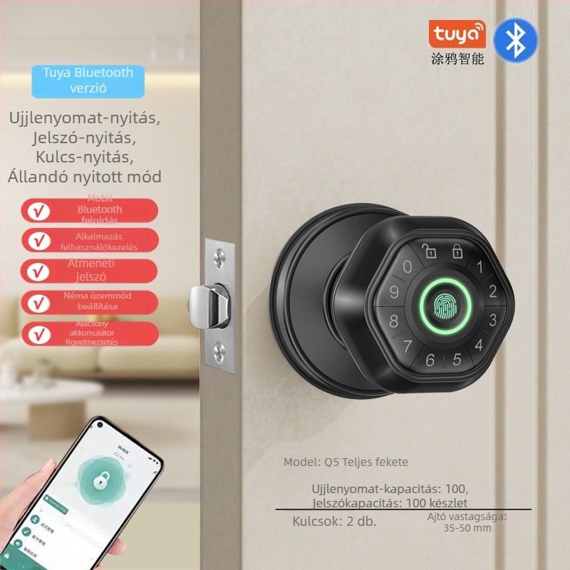 Gömb alakú ujjlenyomat-zár fa ajtókhoz, távvezérlés mobilalkalmazással, hozzáférés jelszóval és kulccsal, modell Q8 (ujjlenyomat-tároló kapacitás: 100; >3000 nyitási művelet; szkennelési idő <0.5 s; tápellátás DC)