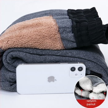 Férfi téli laza szabású casual nadrág Koreai stílusban, fleece béléssel, magas derekú, pamut kötött anyag