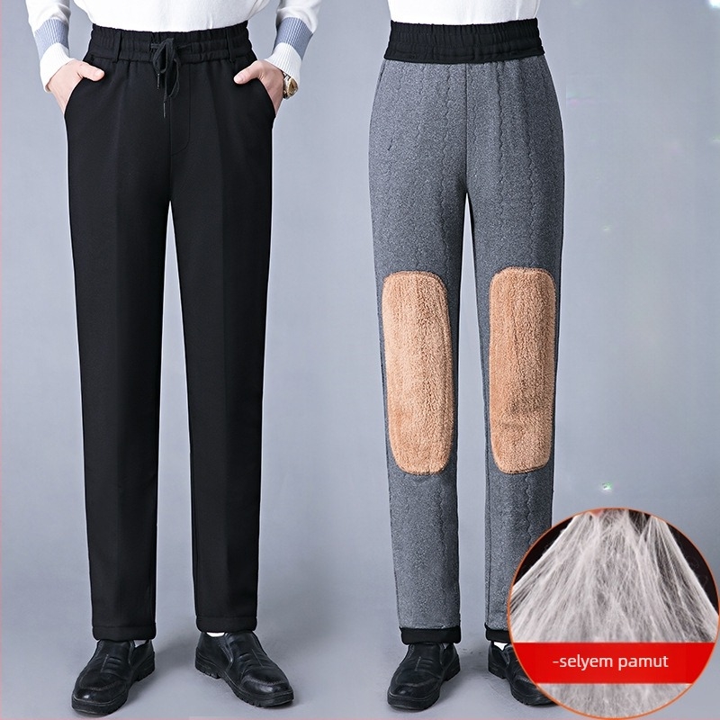 Férfi téli laza szabású casual nadrág Koreai stílusban, fleece béléssel, magas derekú, pamut kötött anyag