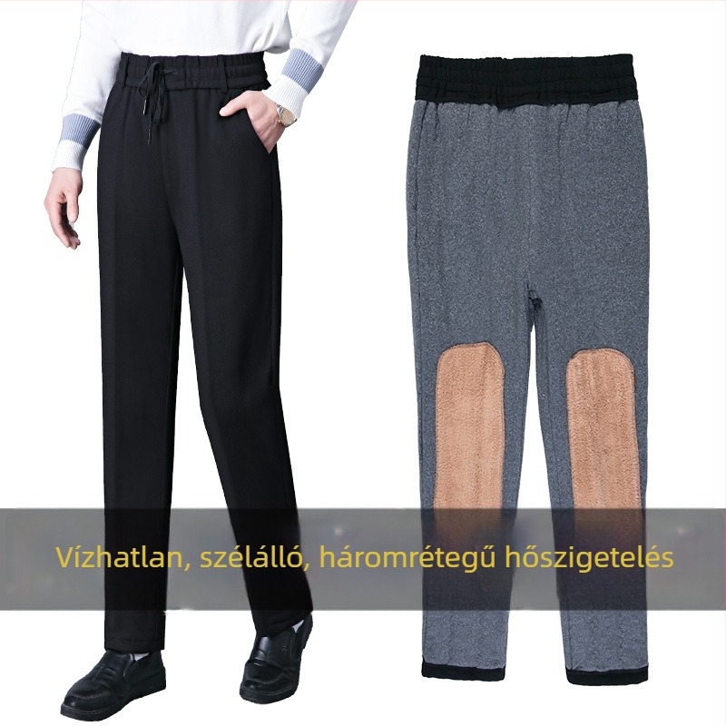 Férfi téli laza szabású casual nadrág Koreai stílusban, fleece béléssel, magas derekú, pamut kötött anyag