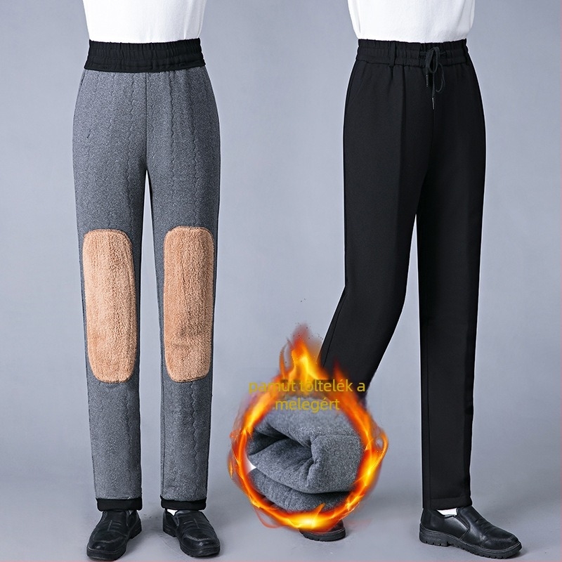 Férfi téli laza szabású casual nadrág Koreai stílusban, fleece béléssel, magas derekú, pamut kötött anyag