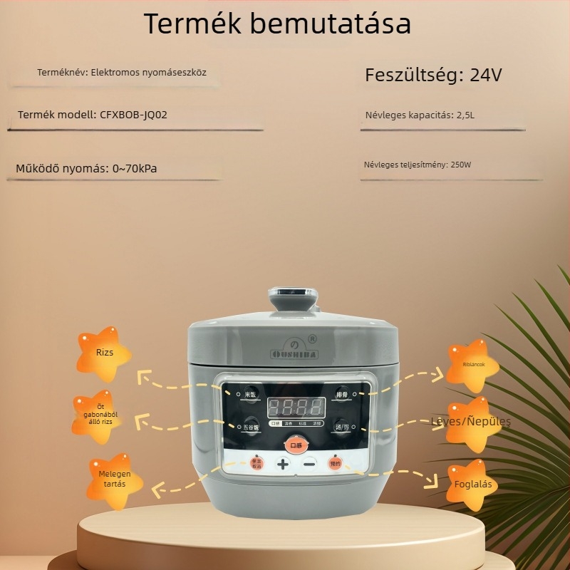 Ouzhibao JQ02 járműre szerelt elektromos nyomásos edény, 24V, 2.5L, 600W, modell CFXBOB-JQ02, magaslatokhoz kompatibilis