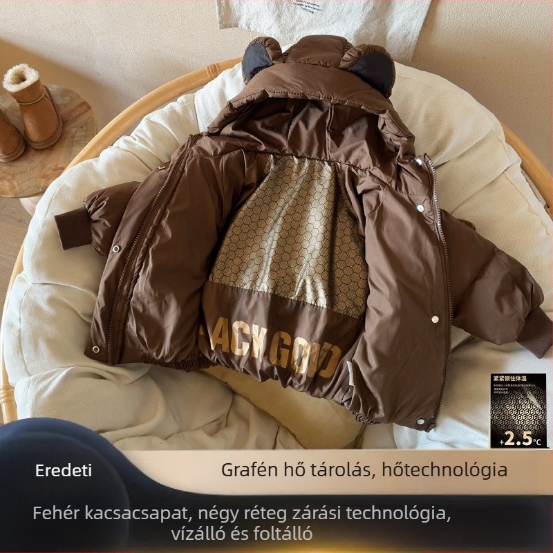 2024 téli gyerekeknek fehér kacsapelyhes pehelydzseki kapucnival, meleg, vastag