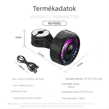 Autóba szerelhető USB töltésű 5V ventilátor, mini hordozható hűtőventilátor, ABS test, 12W teljesítmény, FE052 modell, TRUEFUL/Chu Fan márka