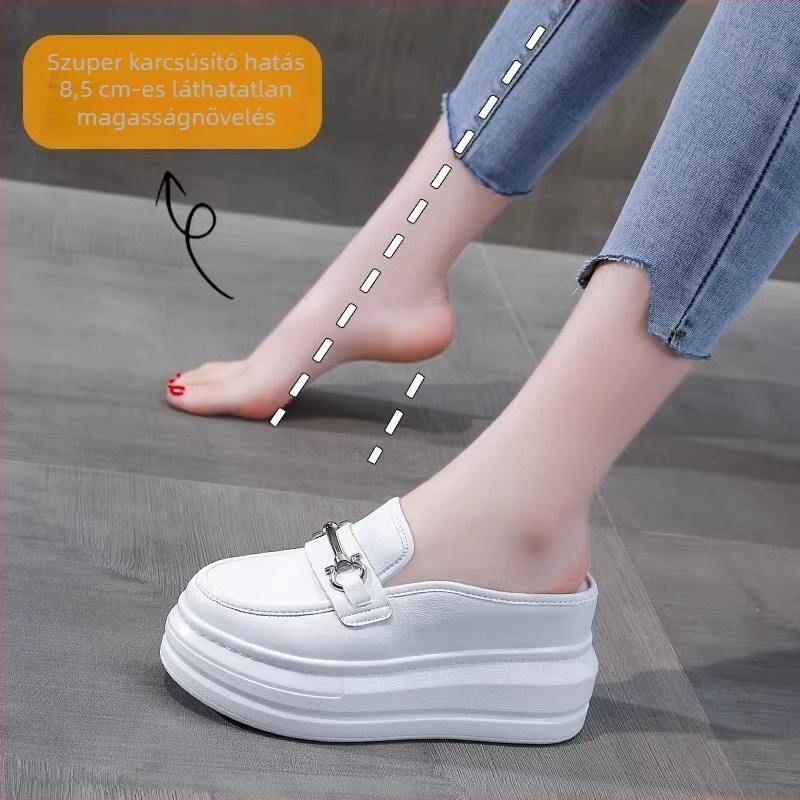 Női vastag talpú, kerek orrú papucs, felső része disznó bőrből, PU talp, 2025 tavasz