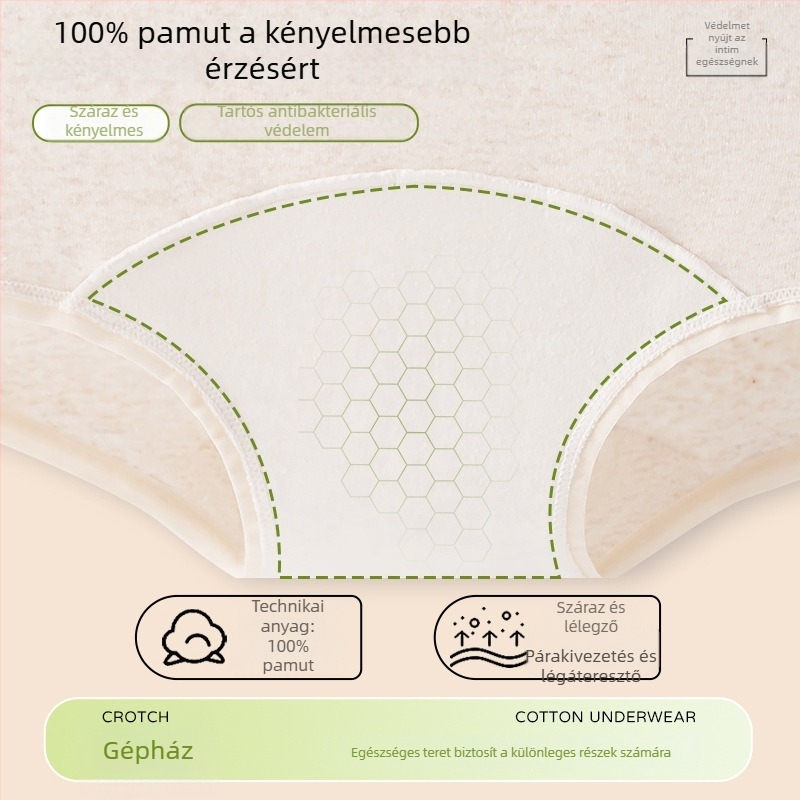 Női pamut alsónemű, A osztály, középmagasságú derék, jacquard szövés, lélegző és antibakteriális, kibővített ágyék, csípőfedés