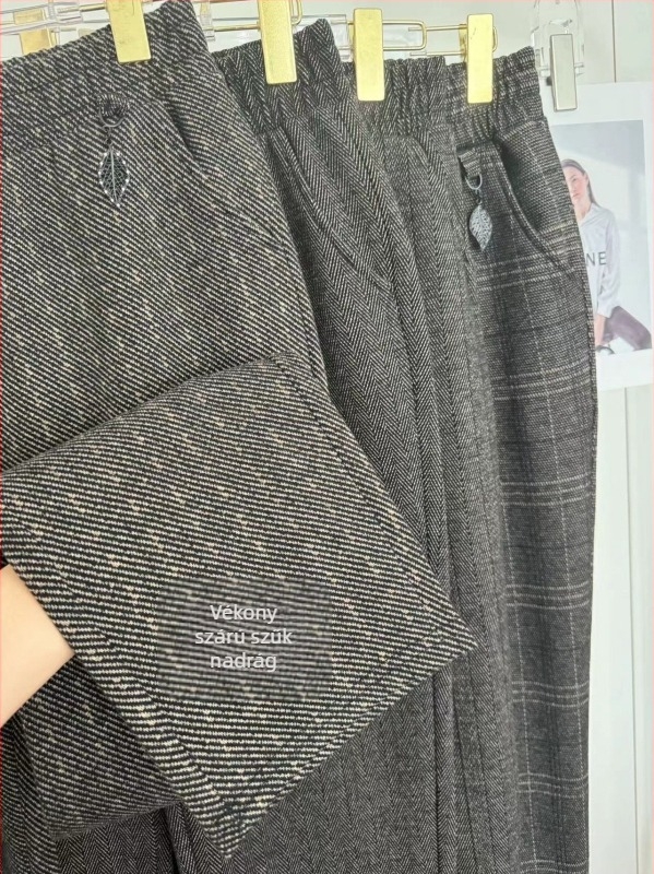 Kockás jacquard gyapjú nadrág középkorú nőknek, mindennapi, szűk fazon, bokáig érő hossz; anyag: jacquard gyapjú spandex 80–90%, poliészter 70–80%