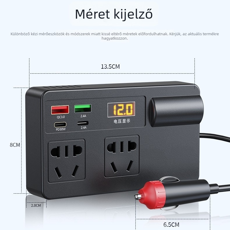 Autó inverter 200W, bemenet 12-24V, kimenet 220V, modell C11-A, cikkszám C11A