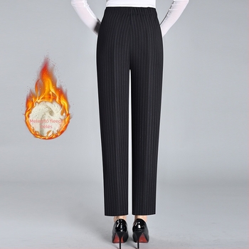 Középkorú és idősebb nőknek szóló nadrágok tavasszal-ősszel, magas derék, egyenes szabás, poliészter-elasztán szövet (<30%)