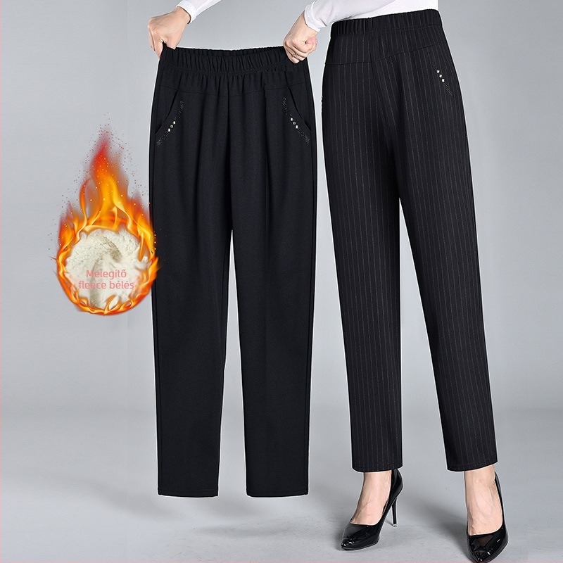 Középkorú és idősebb nőknek szóló nadrágok tavasszal-ősszel, magas derék, egyenes szabás, poliészter-elasztán szövet (<30%)