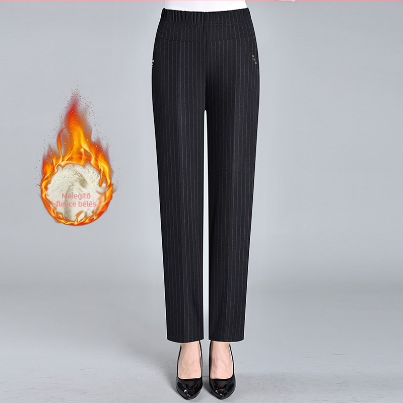 Középkorú és idősebb nőknek szóló nadrágok tavasszal-ősszel, magas derék, egyenes szabás, poliészter-elasztán szövet (<30%)