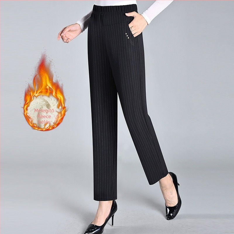 Középkorú és idősebb nőknek szóló nadrágok tavasszal-ősszel, magas derék, egyenes szabás, poliészter-elasztán szövet (<30%)