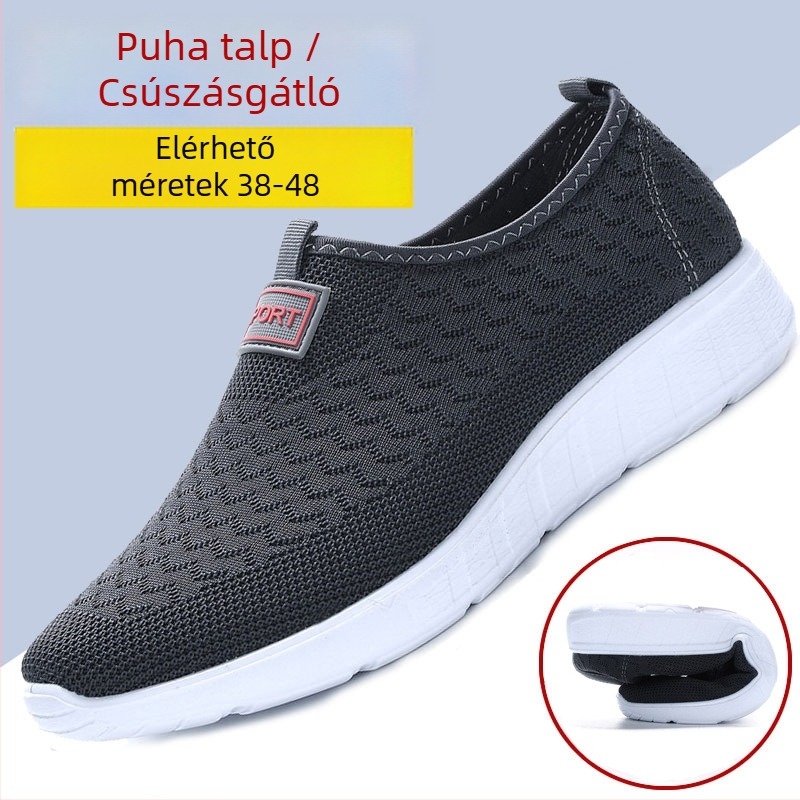 Férfiak lazy cipő: lélegző hálós felsőrész, slip-on kialakítás, alacsony nyakú modell, textil belső rész, PU talp