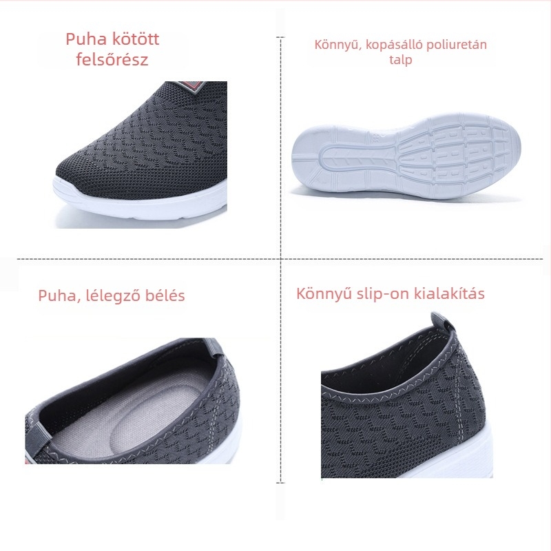 Férfiak lazy cipő: lélegző hálós felsőrész, slip-on kialakítás, alacsony nyakú modell, textil belső rész, PU talp