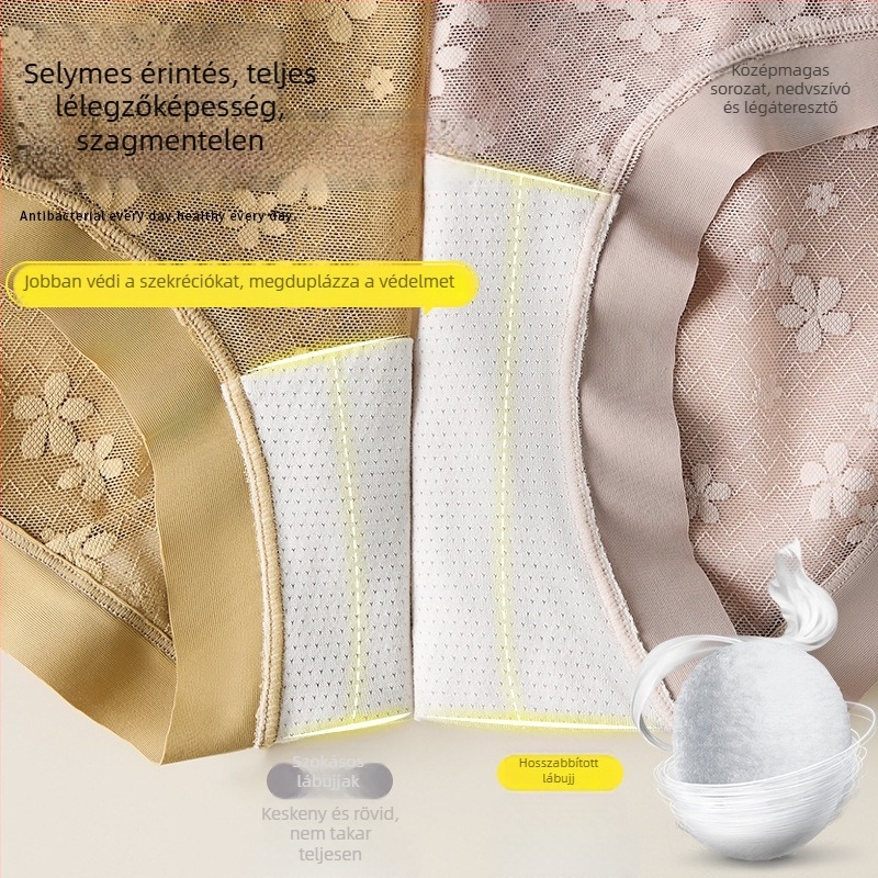 Nylon csipkés női bugyi hosszított ágyékkal, légáteresztő, antibakteriális, bélés Mulberry selyemből