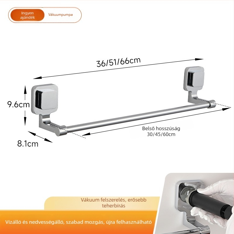 Szívófejes törölközőtartó – rozsdamentes acél és ABS, lyukmentes, egycsöves fürdőszobai tároló