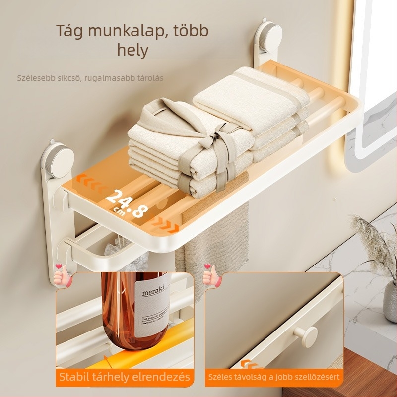 Youqin Négy szívófejes fürdőszobai törölközőtartó, fúrás nélküli telepítés, beépített zuhanyrúddal (ABS + szénacél)