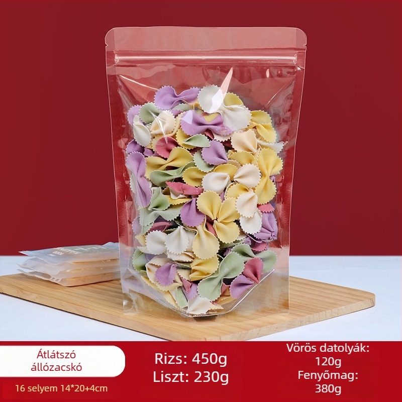 Stand-Up tasak Centrino, PET-PE kétszeres rétegű csomagolóanyag, matt felületű zárható tasak, zárási hossz 10–30 cm, ajándék- és élelmiszer-csomagoláshoz