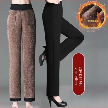Téli női nadrág középkorúaknak, fleece béléses, egyenes szabású