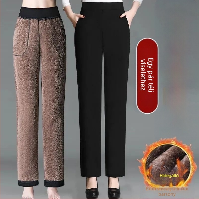 Téli női nadrág középkorúaknak, fleece béléses, egyenes szabású