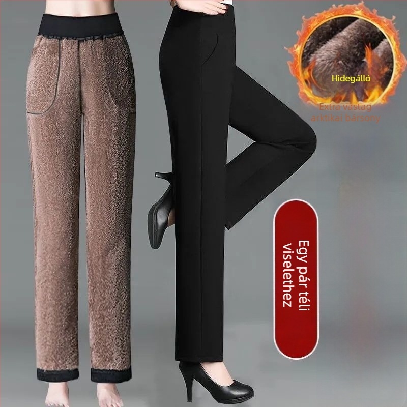 Téli női nadrág középkorúaknak, fleece béléses, egyenes szabású