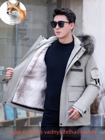 Férfi szőrme parka leválasztható mink szőrrel bélelt és róka szőr gallérral, cipzáras zárás, középhosszú