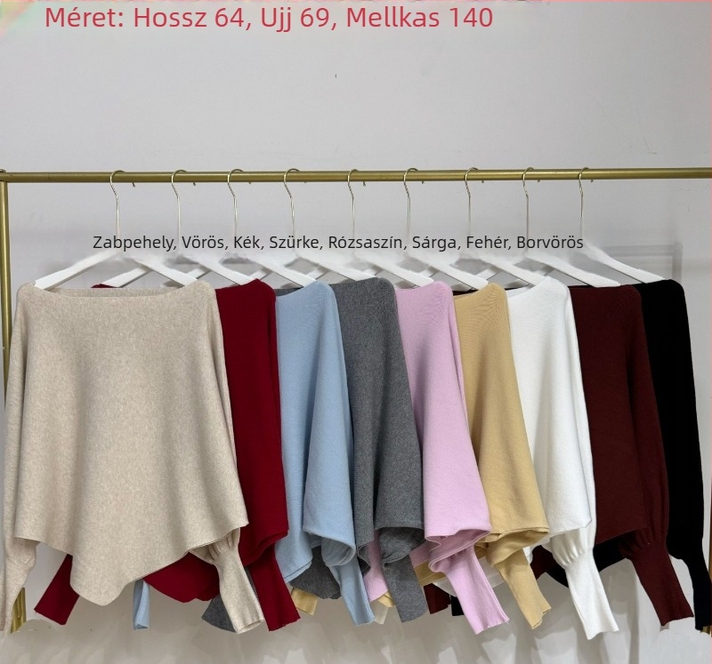 Női bat-szárú kötött pulóver: vállról leomló, ferde gallér, laza aszimmetrikus szabás, Arctic Fleece, viszkóz 50–70%